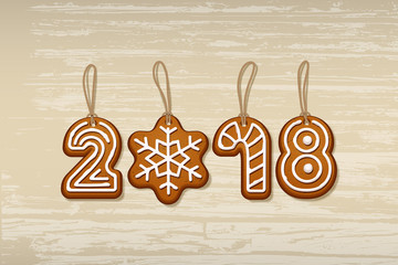 2018 New Year sign made of ginger cookies with vintage strings on wooden background. Vector 2018 New Year design template. 