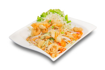 Spicy food Thailand cuisine with dried shrimp, fried skin pork and cashew nuts call Yum Sam Krob, object isolate on white background with clipping path.