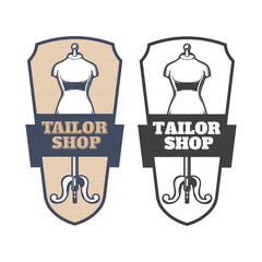 Set of vector illustrations of emblems, signage, stickers, stickers, tailor shop in retro style with the image of tailor dummy, isolated on white.