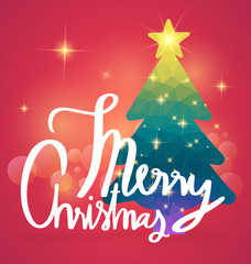 Merry christmas calligraphy with background Abstract polygonal Christmas tree. Seasonal greeting card design