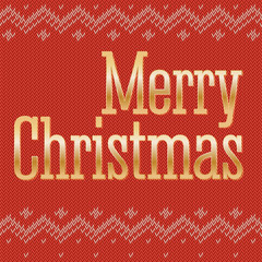 Greeting card on the traditional, classic knitted red background. Gold, yellow metal letters Merry Christmas text with reflections and glare. 3D illustration.