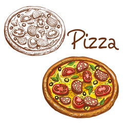 Set of vector illustrations around the Italian color pizza and black and white with salami and tomatoes, isolated on white background in engraving style.