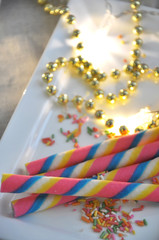 Colorful Wafer Roll on White Plate