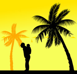 Grandfather carrying a grandchild piggyback on the beach, one in the series of similar images silhouette