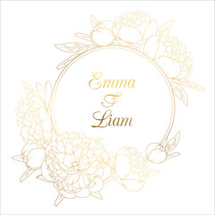 Rose peony flowers foliage decorated round circle wreath frame. Bright shiny golden gradient on white background. Wedding marriage invitation card element template. Text placeholder.