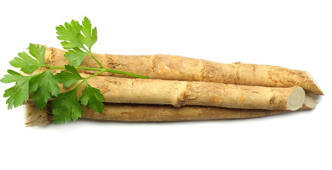 horseradish root with parsley isolated on white background