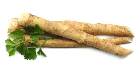 horseradish root with parsley isolated on white background