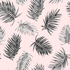 Jungle rainforest royal palm tree leaves isolated on pink background. Exotic tropical camouflage seamless pattern texture. Feather shaped branch. Vector design illustration.