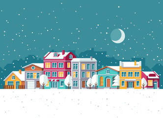 Snowfall in winter town with small houses cartoon vector illustration. Christmas holidays concept