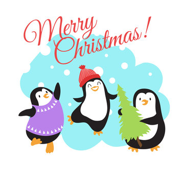 Christmas winter holidays vector greeting card with cute cartoon penguins