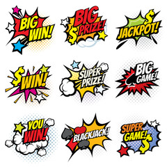 Vintage pop art comic bubbles with gambling winning words vector set
