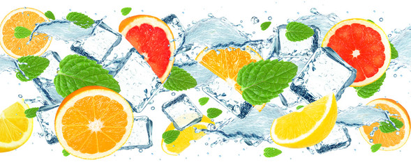 Fototapeta premium lemon, orange and grapefruit splash water and ice isolated