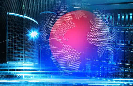 Concept View of big data technology with servers against skyscraper in city