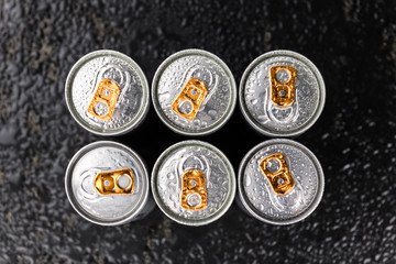 Rustic slate slab with Energy Drinks, selective focus