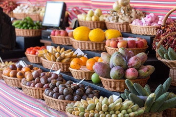 Fresh exotic fruits in Mercado Dos Lavradores. Funchal, Madeira, Portugal