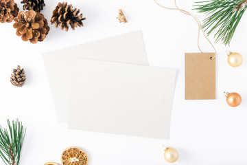 Blank cards with price tag and decorations. Christmas background