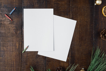 Christmas background with two blank cards and decorations