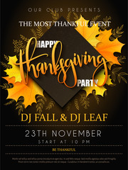Vector illustration of thanksgiving party poster with hand lettering label - thanksgiving - with yellow autumn doodle leaves and realistic maple leaves - 177723111
