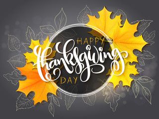 Vector thanksgiving greeting card with hand lettering label - happy thanksgiving day - and autumn doodle leaves and realistic maple leaves on blurred background - 177723135