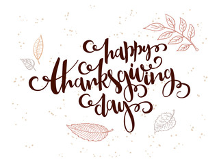 vector hand lettering greeting happy thanksgiving day text with doodle leaves and dots