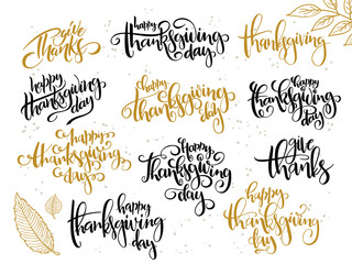 vector hand lettering greeting happy thanksgiving day text set, written in various styles with doodle leaves and dots