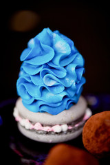 Grey macaron with cap blue thick butter cream. Dessert, a work of culinary art