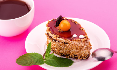 Sweet cake with mint leaves. Birthday dessert.