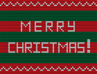 Knitting seamless pattern with merry christmas white text