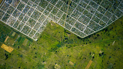 city at sunset from the drone