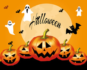 Halloween party invitation with scary pumpkins and a full moon