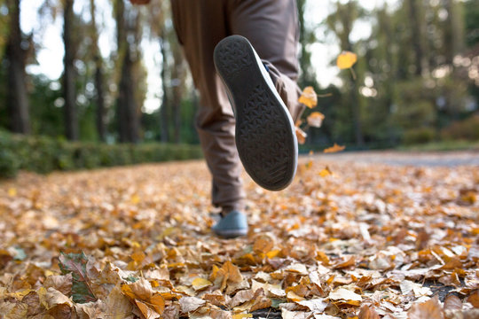 Autumn jogger legs close up image. Male running on dried lleaves in autumn park.