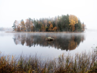 Misty autumn morning by lakeside in Farnebofjarden national park in Sweden