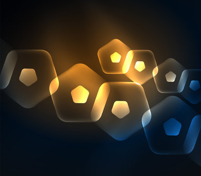 Glowing glass transparent pentagans, geometric abstract digital background