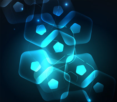 Glowing glass transparent pentagans, geometric abstract digital background