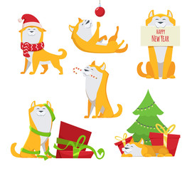 Yellow dog in cartoon style. Symbols of 2018. Character of funny pet