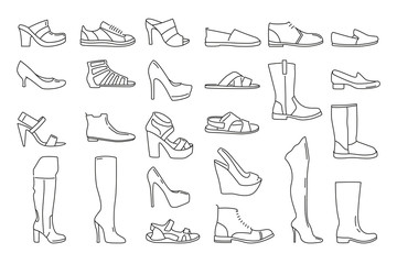 Fototapeta na wymiar Different shoes for men and women. Vector illustrations in linear style