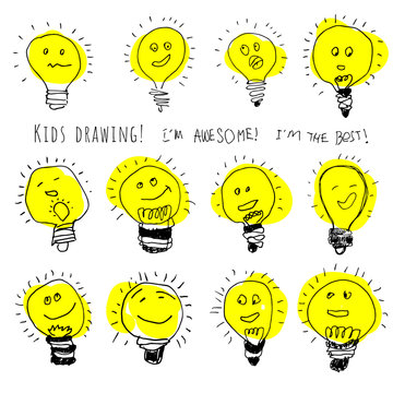 Set of bulb icons, stylized kids drawing. Children drawing of lamps with cute cartoon faces. Creative hand draw lightbulb illustration.