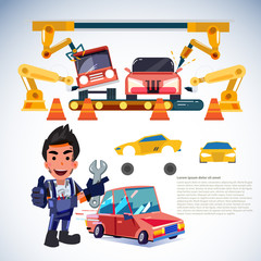 Car factor. robotic arms make car. automations. mechanic engineer character design - vector