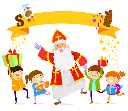 Sinterklaas dancing with happy children