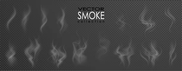  Rook vector collectie, geïsoleerde, transparante achtergrond. Set van realistische witte rookstoom, golven van koffie, thee, sigaretten, warm eten,... Mist en neveleffect. © Gluiki