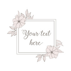Obraz premium Square floral frame with blush flowers and leaves, hand drawn illustration