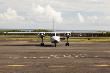 Front view of a propeller airplane at the airport of Puerto Rico