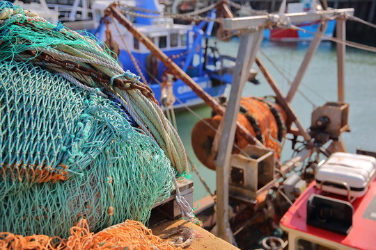 Colorful fishing nets at the fishing Harbor in Whitstable, UK