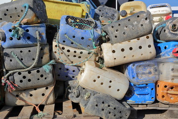 Close-up on colorful fishing boxes at the fishing Harbor in Whitstable, UK