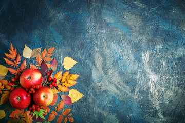 Autumn leaves, apples and berries on a dark background. Autumn background with copy space.