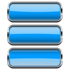 Blue rectangle buttons set with bold chrome frame. 3d shiny icons