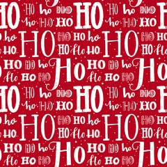 Hohoho pattern, Santa Claus laugh. Seamless background for Christmas design. Vector red texture with white handwritten words ho. Wrapping paper for gifts and presents.