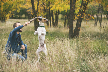 Owner playing with dog in grassy field
