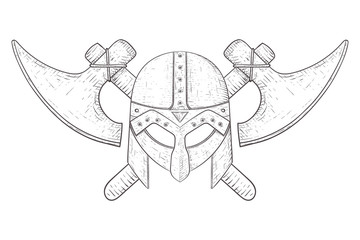 Viking helmet and axes. Hand drawn sketch