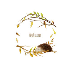 Watercolor wreath with fall leaves and a hedgehog (hand painted)